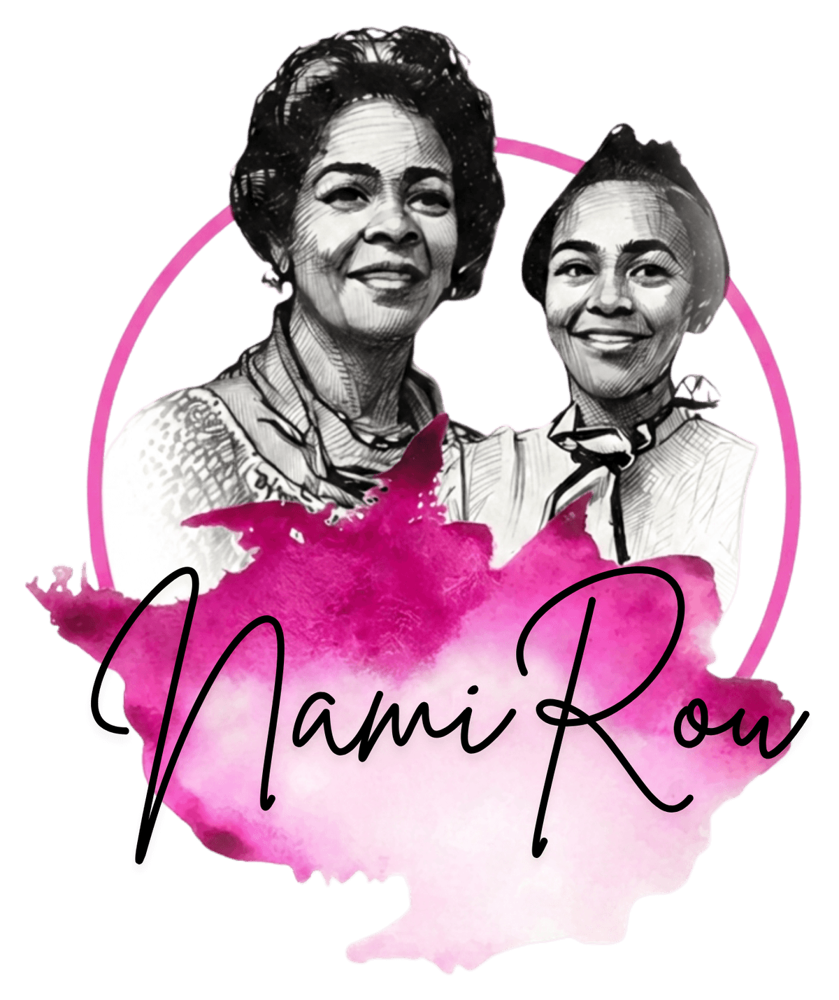 Nami Rou: portraits of the two women behind the kitchen over a magenta watercolor splash, with the Nami Rou signature